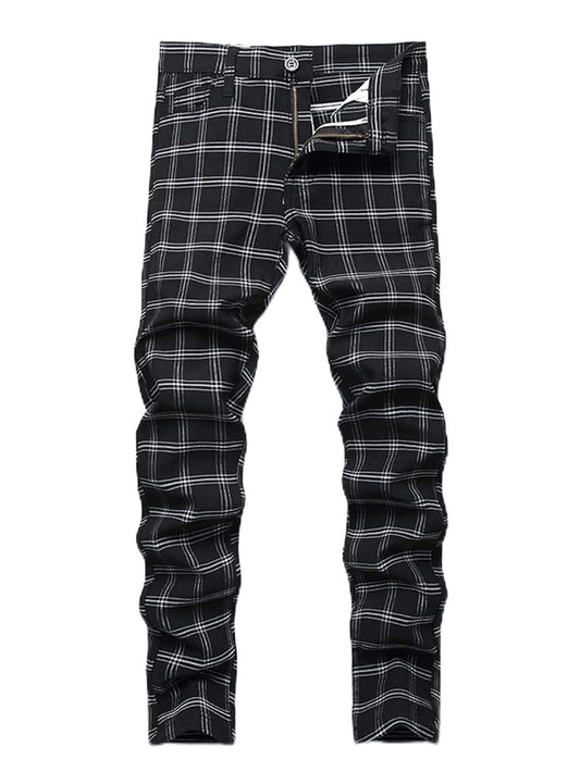 MLANM Men's Stretch-Skinny Distressed Jeans in Plaid Black