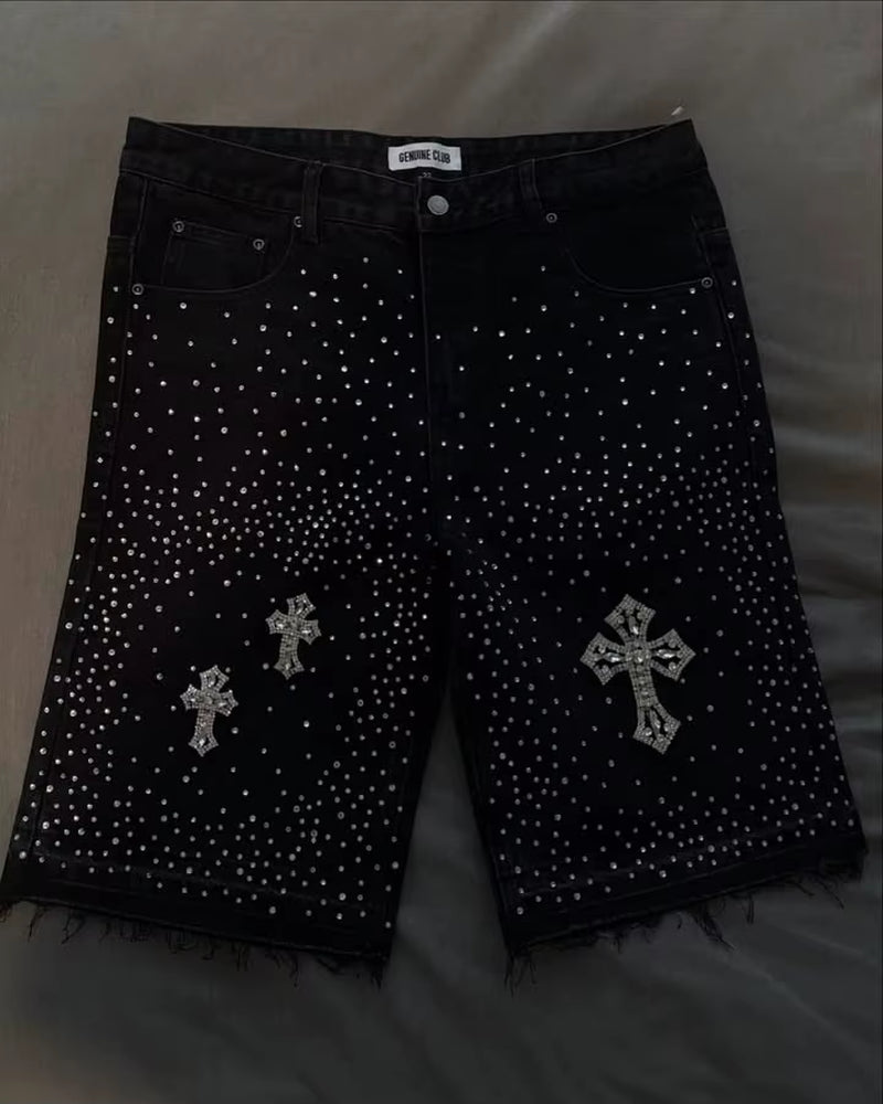 Y2K Rhinestone Cross Denim Shorts – Unisex Hip-Hop Streetwear | Low Waist Retro Fit