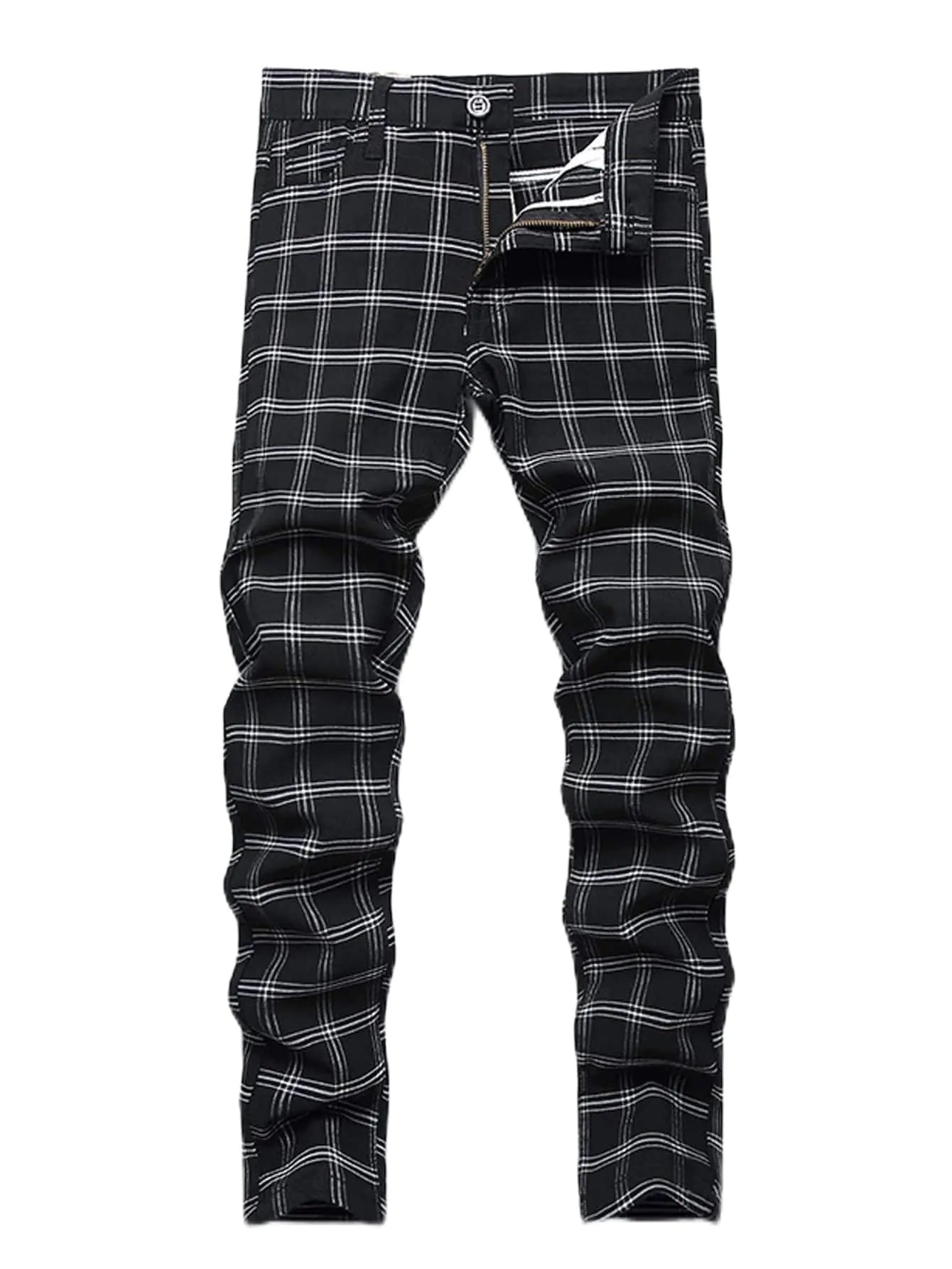 MLANM Men's Stretch-Skinny Distressed Jeans in Plaid Black