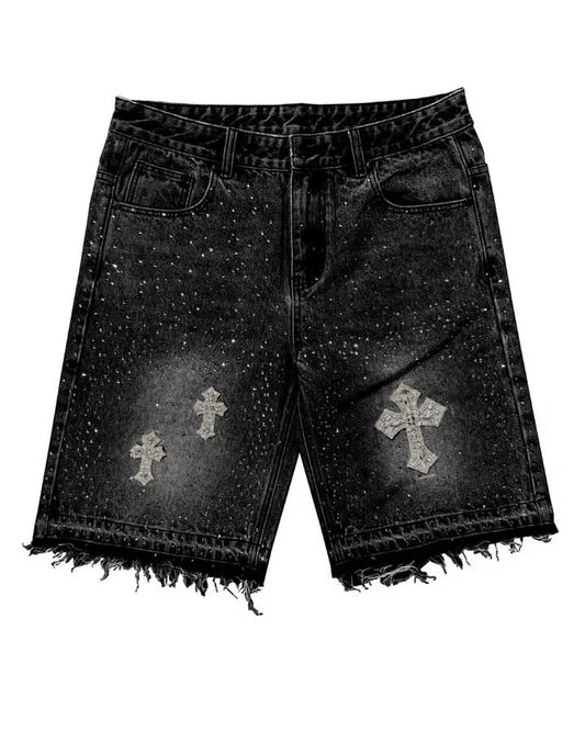 Y2K Rhinestone Cross Denim Shorts – Unisex Hip-Hop Streetwear | Low Waist Retro Fit