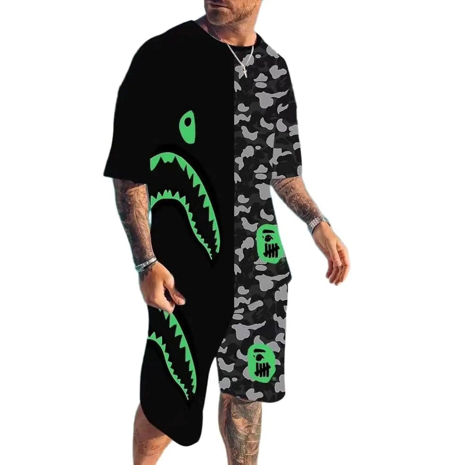 Fashion Camo Shark Shirt and Pants Big Mouth Tracksuits Beach Pants Swim Trunks Suit for Men Women